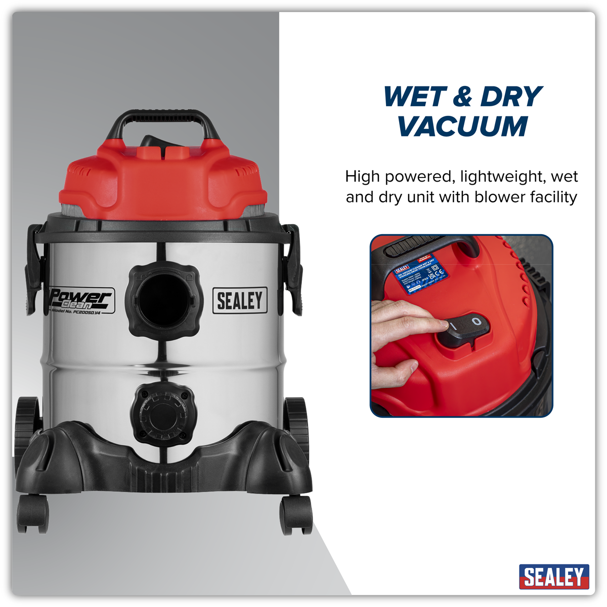 Sealey PC200SD 20L Vacuum Cleaner Wet & Dry Stainless Drum 1250W/230V