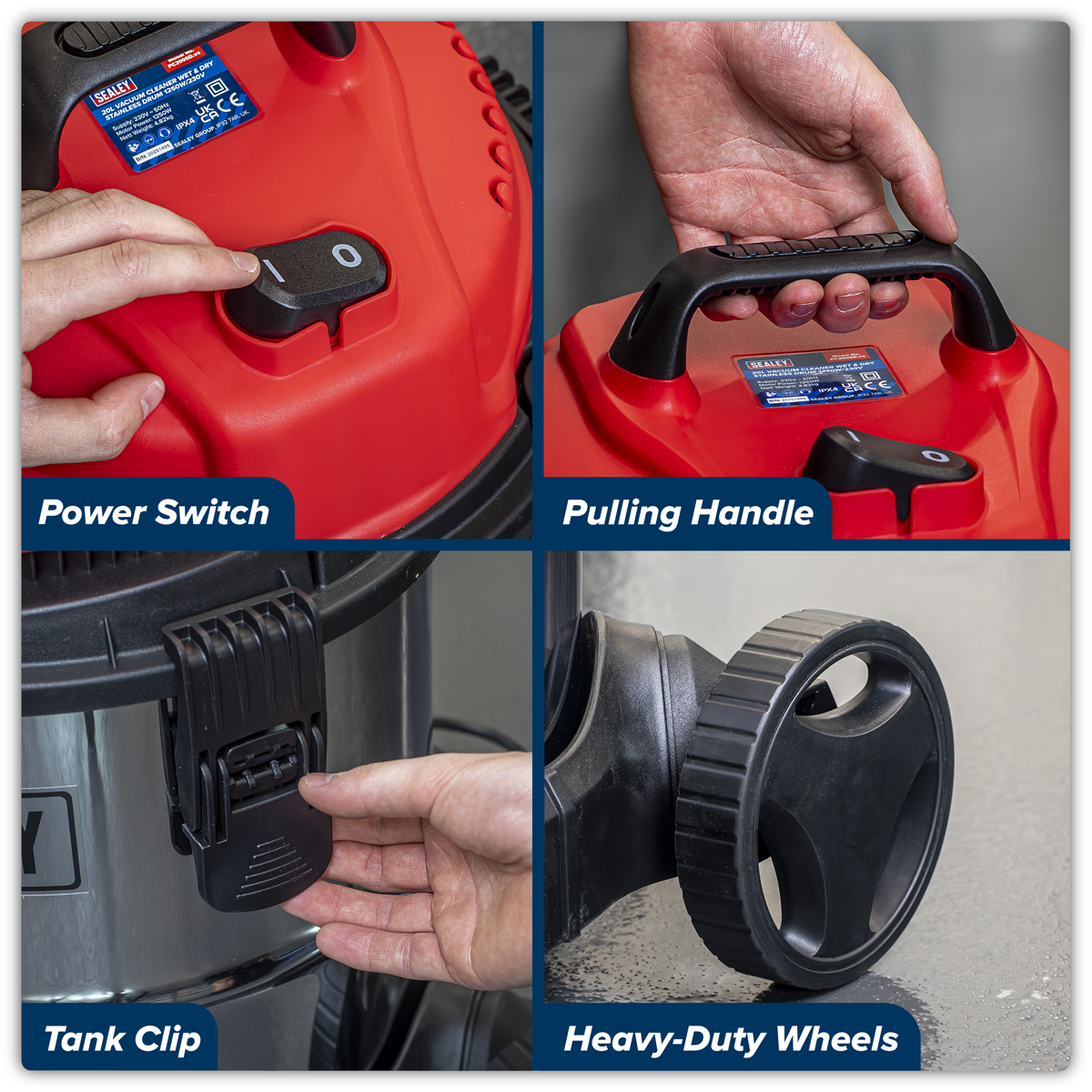 Sealey PC200SD 20L Vacuum Cleaner Wet & Dry Stainless Drum 1250W/230V