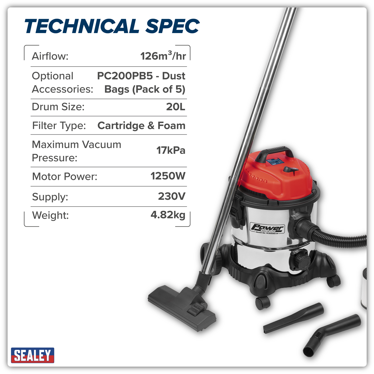 Sealey PC200SD 20L Vacuum Cleaner Wet & Dry Stainless Drum 1250W/230V