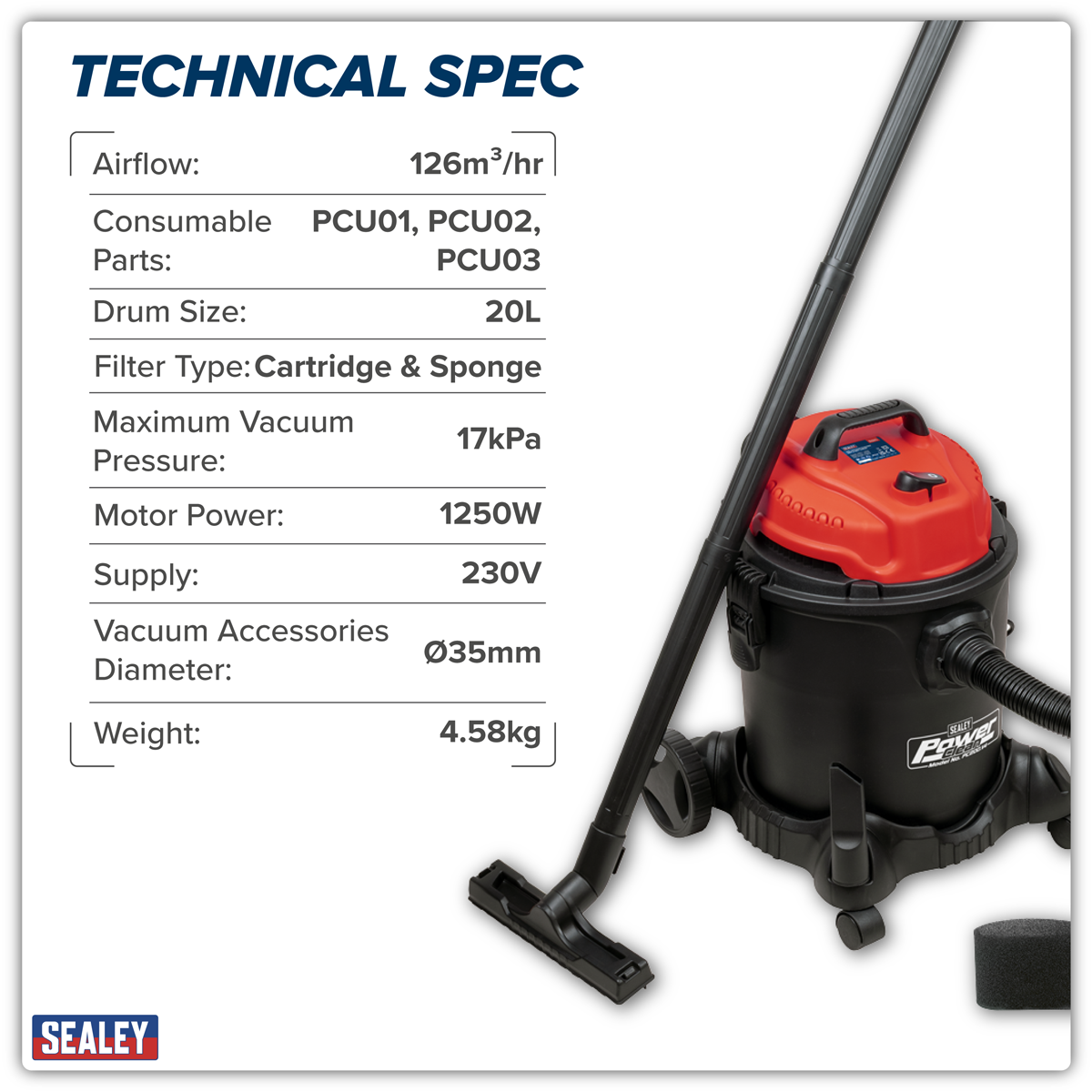 Sealey PC200 20L Vacuum Cleaner Wet & Dry 1250W/230V