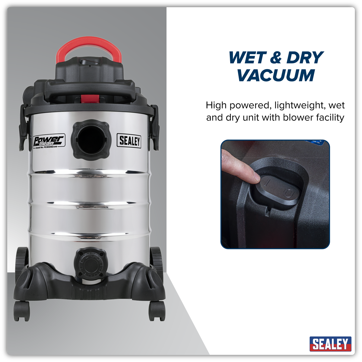 Sealey PC300SD 30L Vacuum Cleaner Wet & Dry with Stainless Steel Drum & Detachable Leaf Blower 1200W/230V