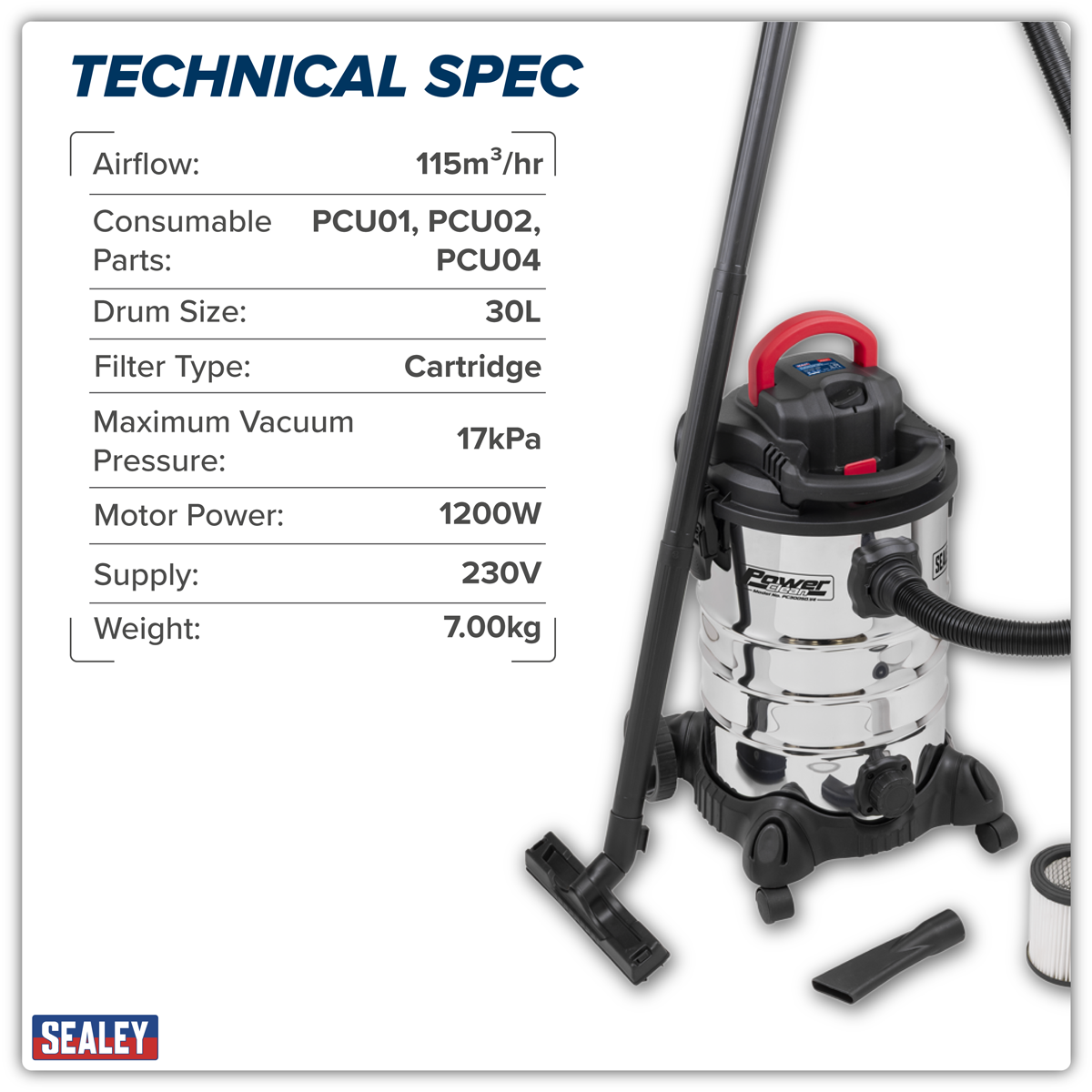 Sealey PC300SD 30L Vacuum Cleaner Wet & Dry with Stainless Steel Drum & Detachable Leaf Blower 1200W/230V