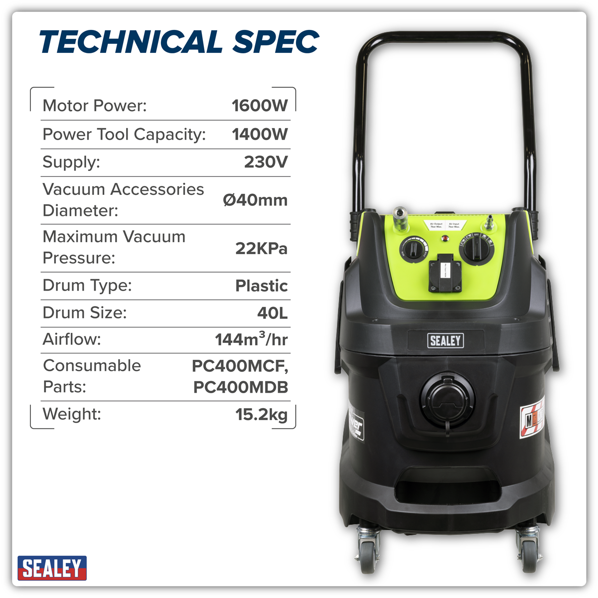 Sealey PC400MA M Class Dust-Free Industrial Wet & Dry Vacuum Cleaner 40L with Autostart for Air/Electric Power Tools 1600W/230V