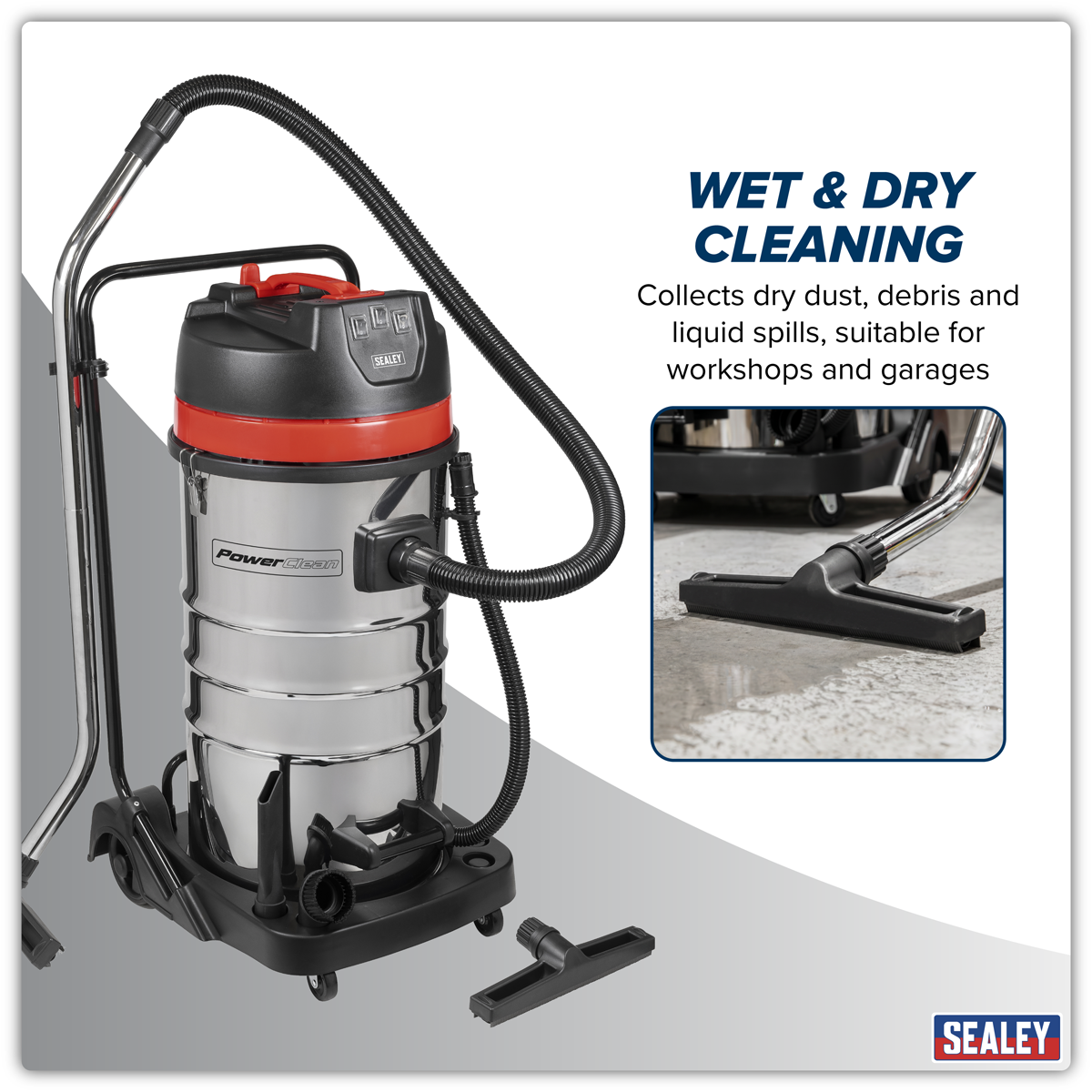 Sealey PC4100 100L Vacuum Cleaner Wet & Dry with Stainless Steel Drum 3000W/230V