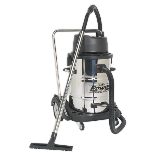 Sealey PC477 Industrial Vacuum Cleaner Wet & Dry Stainless Steel Drum with Swivel Emptying 77L 2400W