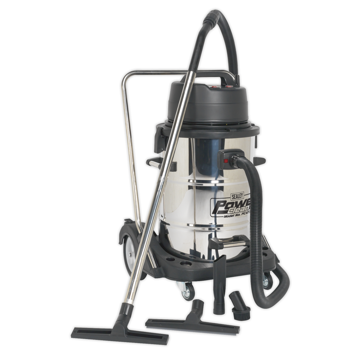 Sealey PC477 Industrial Vacuum Cleaner Wet & Dry Stainless Steel Drum with Swivel Emptying 77L 2400W