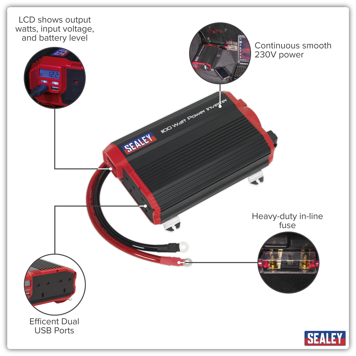 Sealey PI1100 Modified Sine Wave Power Inverter 1100W 12V