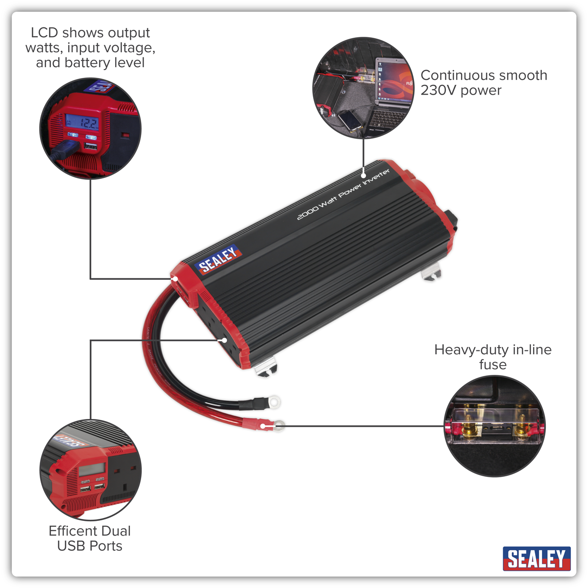 Sealey PI2000 Modified Sine Wave Power Inverter 2000W 12V