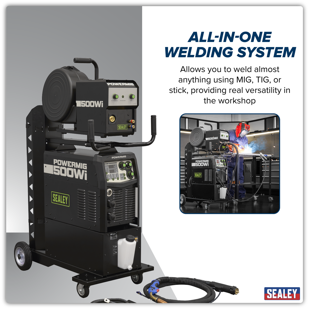 Sealey POWERMIG500Wi 500A Professional Gas/Gasless MIG/TIG/MMA Inverter Welder with Portable Wire Feeder & Water Cooler 400V 3ph