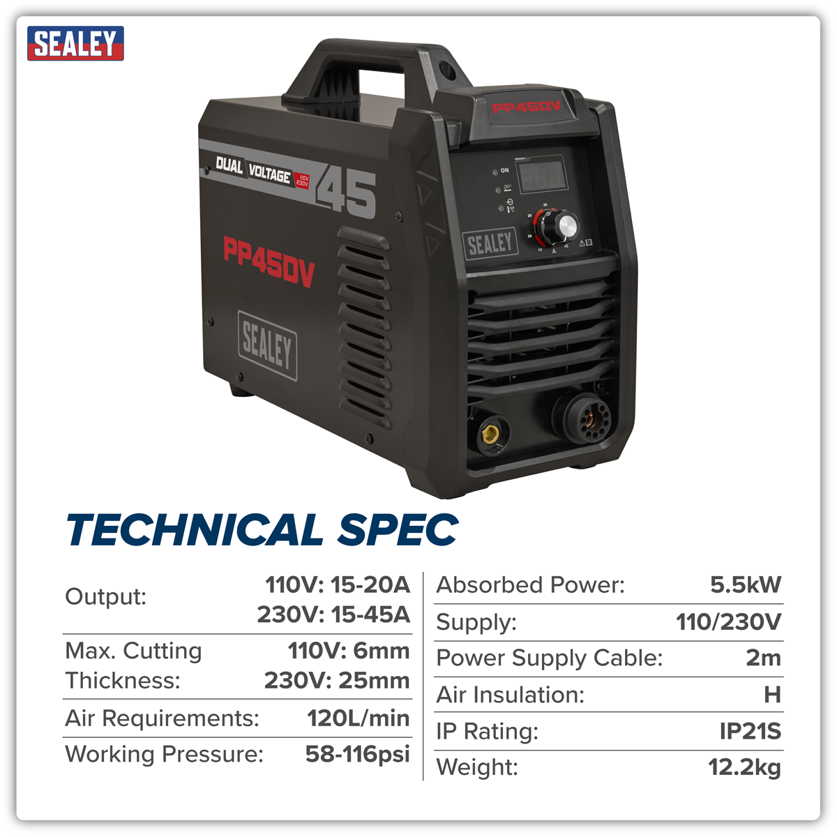 Sealey PP45DV Dual Voltage, 45A Plasma Cutter Inverter