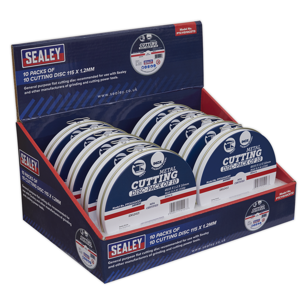 Sealey PTC11510CETD 115 x 1.2mm Cutting Discs, Packs of 10 - Display Box 10