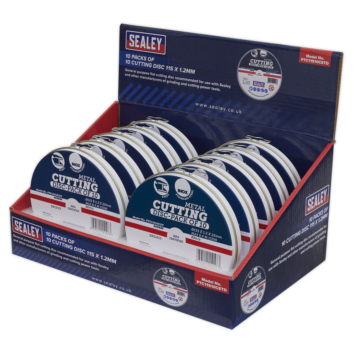Sealey PTC11510CETD 115 x 1.2mm Cutting Discs, Packs of 10 - Display Box 10