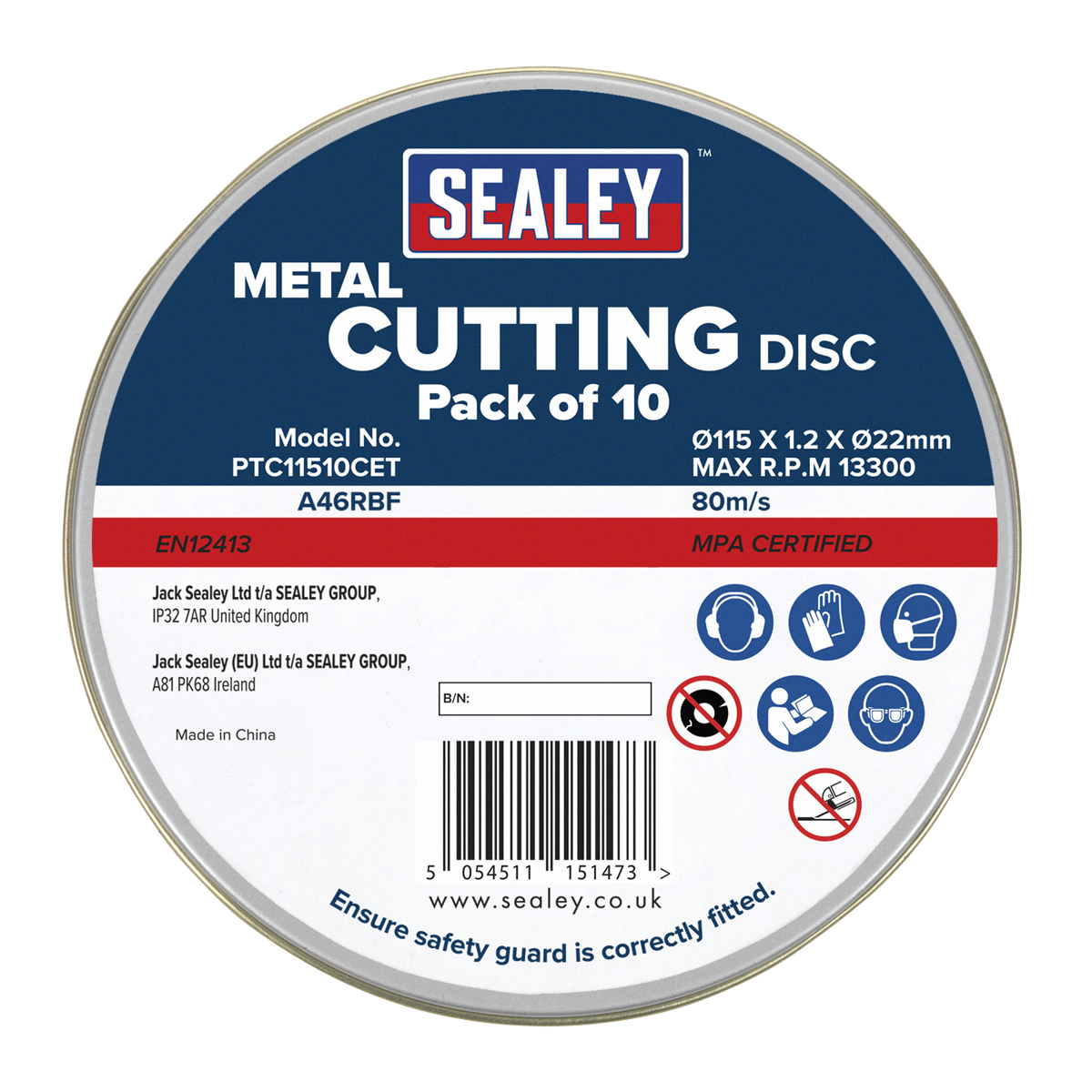 Sealey PTC11510CET 115 x 1.2mm Cutting Disc 22mm Bore - Pack of 10
