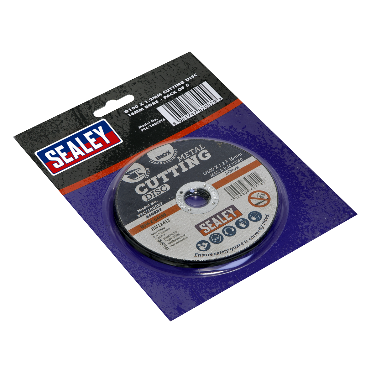Sealey PTC/100CET5 100 x 1.2mm Cutting Disc 16mm Bore - Pack of 5
