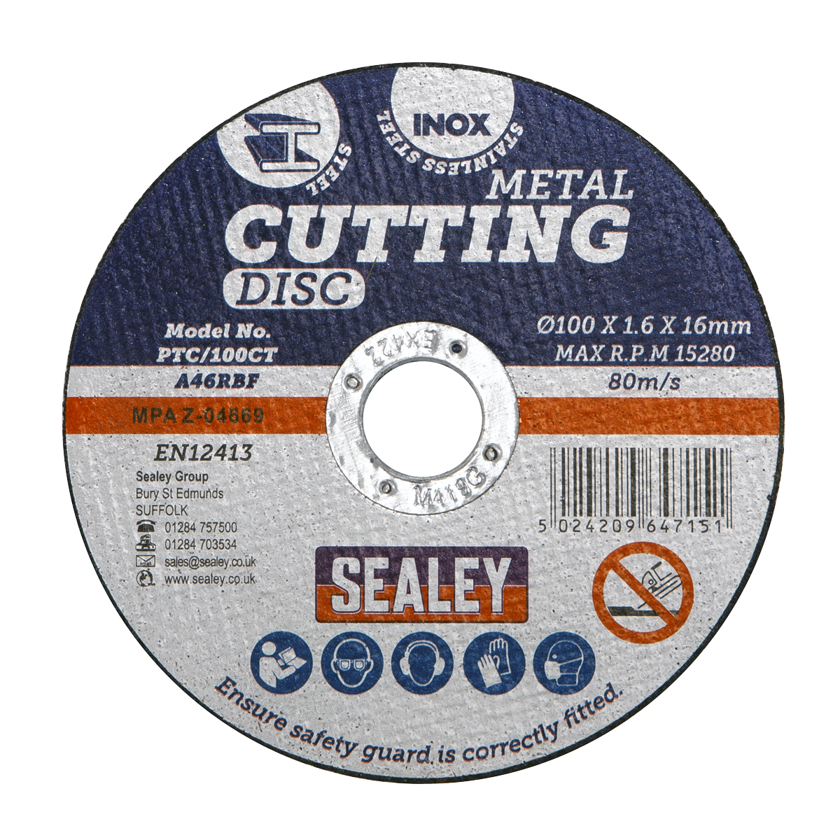 Sealey PTC/100CT50 100 x 1.6mm Cutting Disc 16mm Bore - Pack of 50