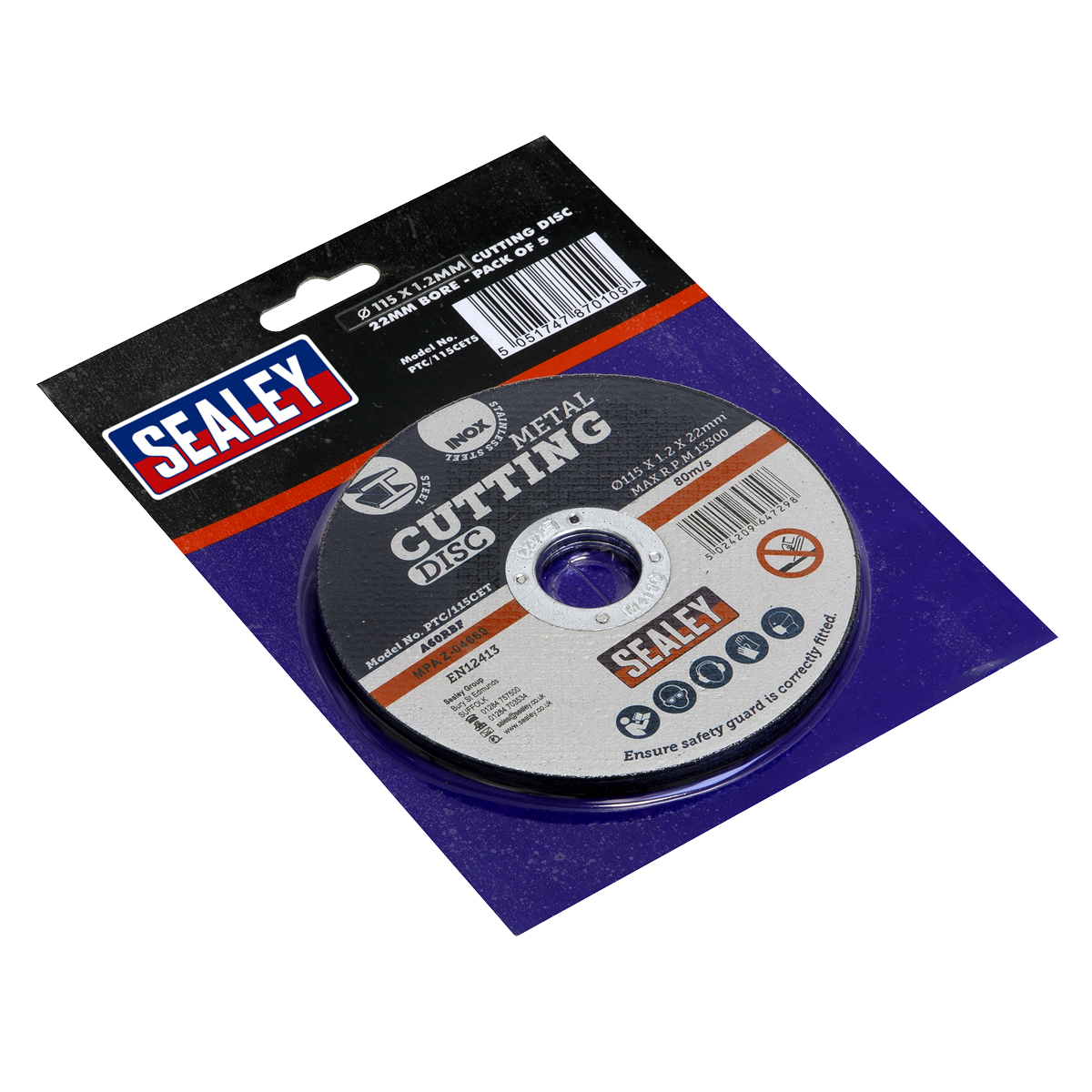 Sealey PTC/115CET5 115 x 1.2mm Cutting Disc 22mm Bore - Pack of 5