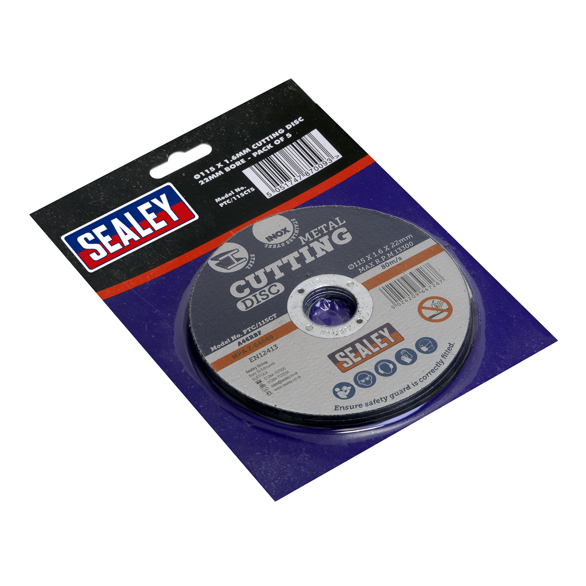 Sealey PTC/115CT5 115 x 1.6mm Cutting Disc 22mm Bore - Pack of 5