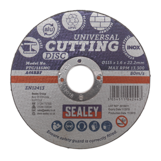 Sealey PTC/115MC 115 x 1.6mm Universal Cutting Disc 22mm Bore