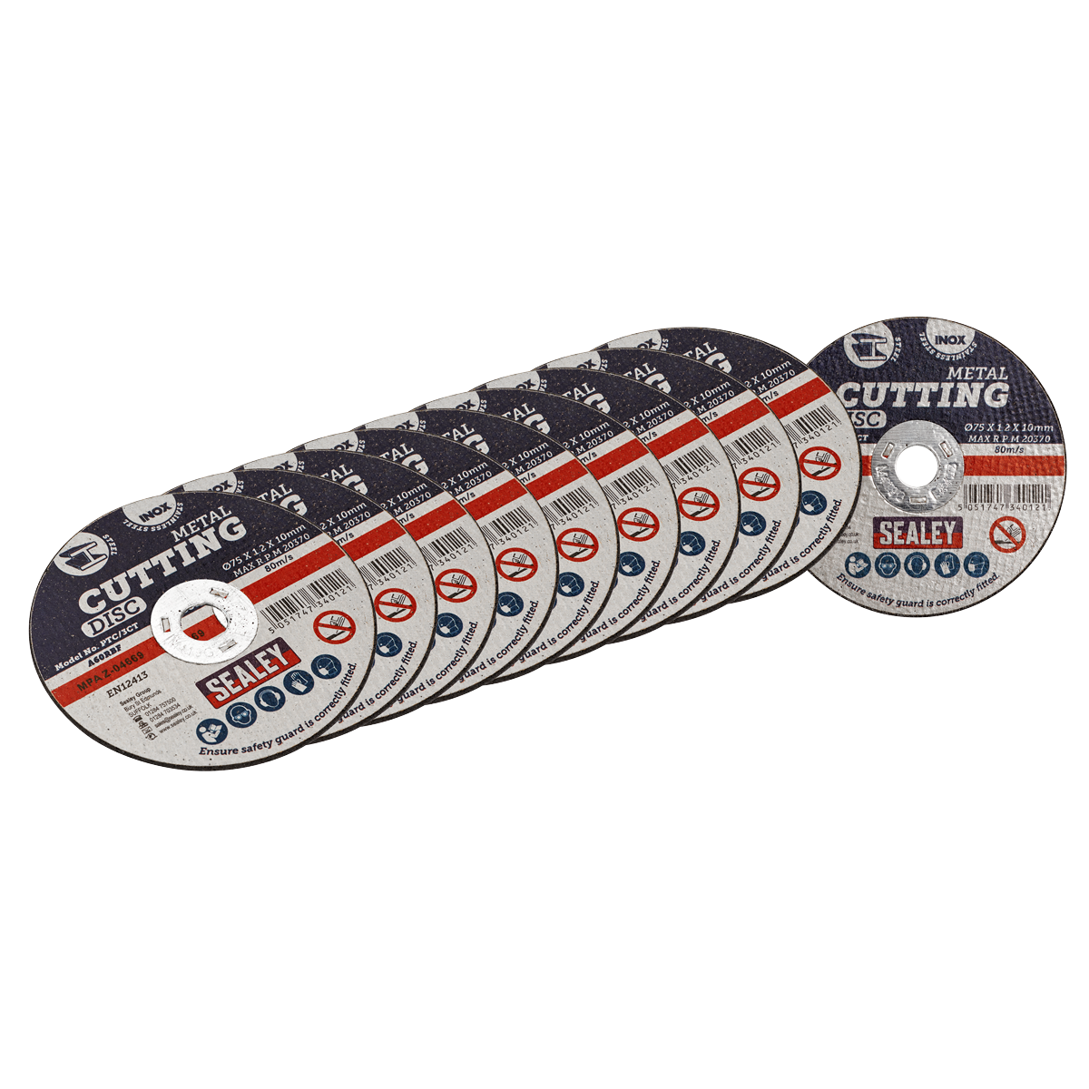 Sealey PTC/3CT10 75 x 1.2mm Cutting Disc 10mm Bore - Pack of 10