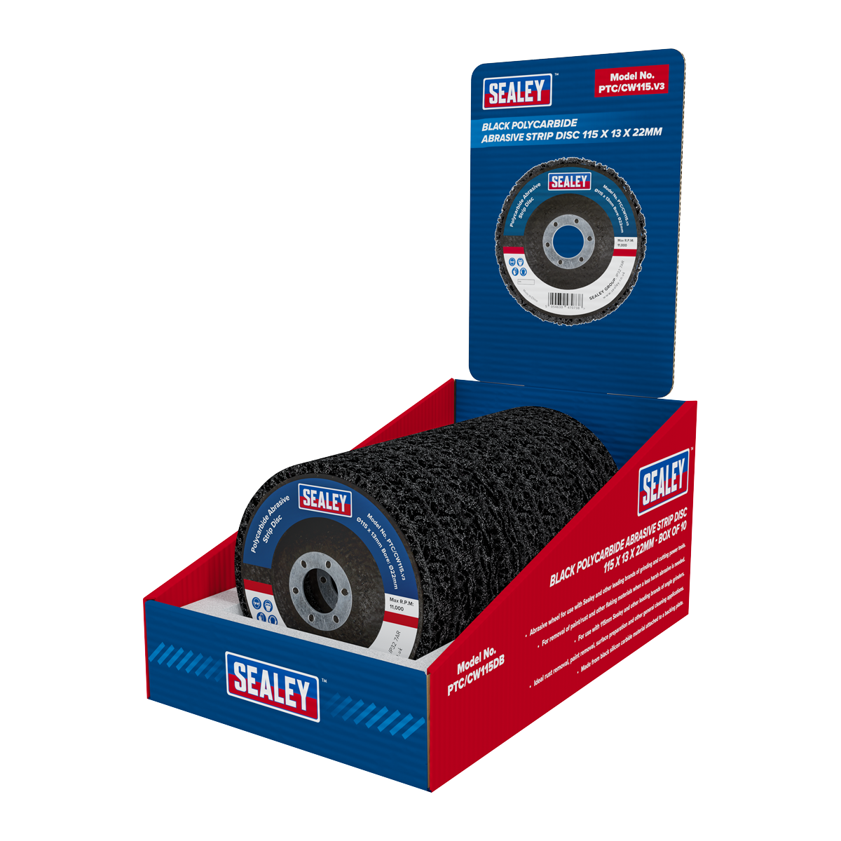 Sealey PTC/CW115DB 115 x 13mm Black Polycarbide Abrasive Strip Disc 22mm Bore - Display Box of 10