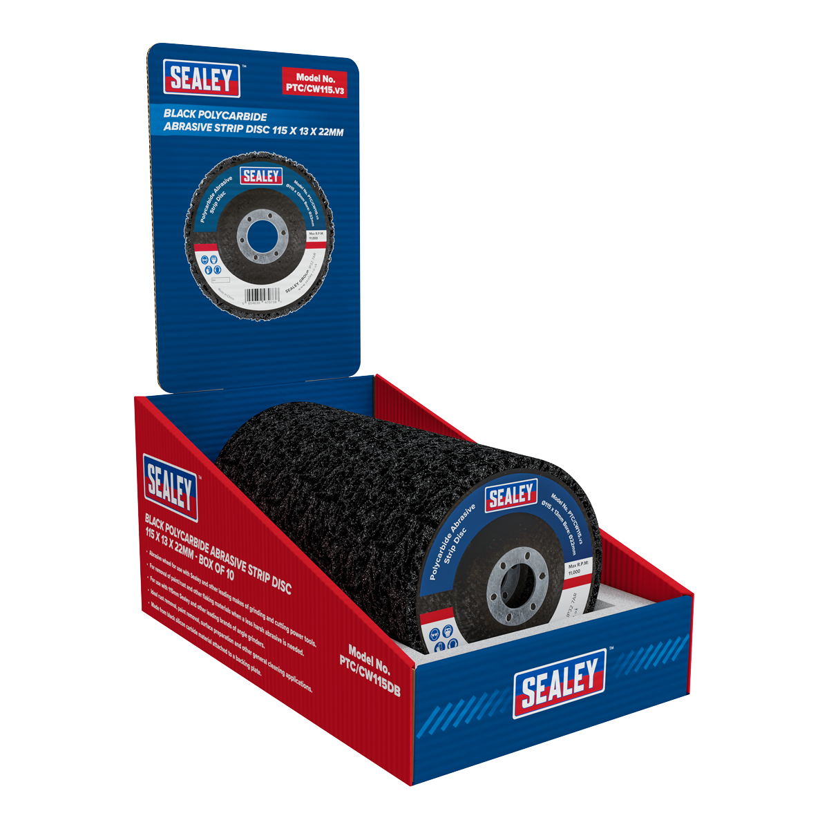 Sealey PTC/CW115DB 115 x 13mm Black Polycarbide Abrasive Strip Disc 22mm Bore - Display Box of 10