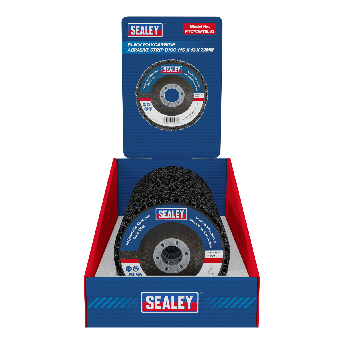 Sealey PTC/CW115DB 115 x 13mm Black Polycarbide Abrasive Strip Disc 22mm Bore - Display Box of 10