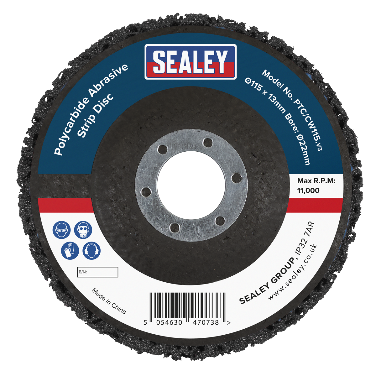 Sealey PTC/CW115 115 x 13mm Polycarbide Abrasive Strip Disc 22mm Bore - Black