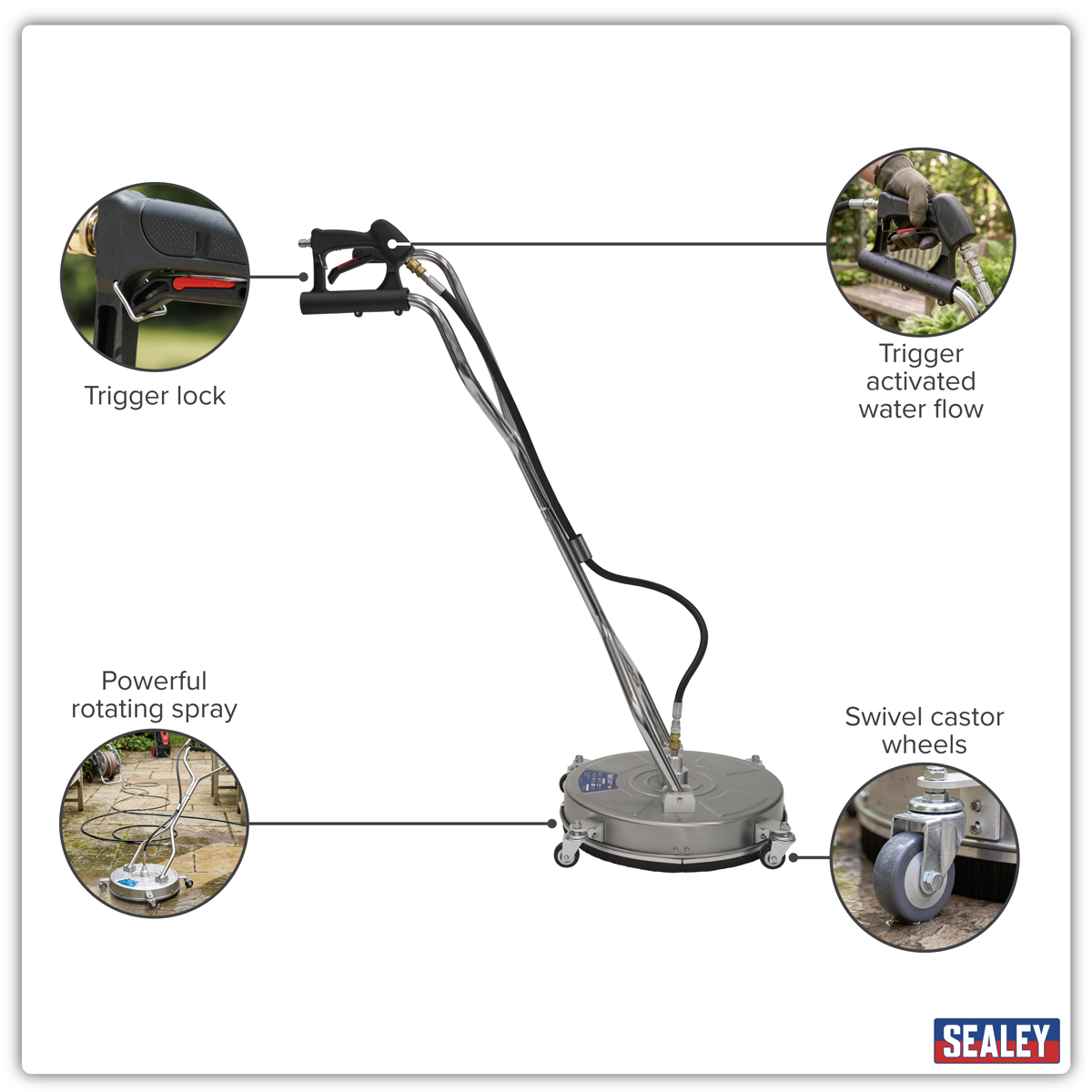 Sealey PWAK18 18" Surface Cleaner with Dual Handle & Rotating Spray Bar - Stainless Steel