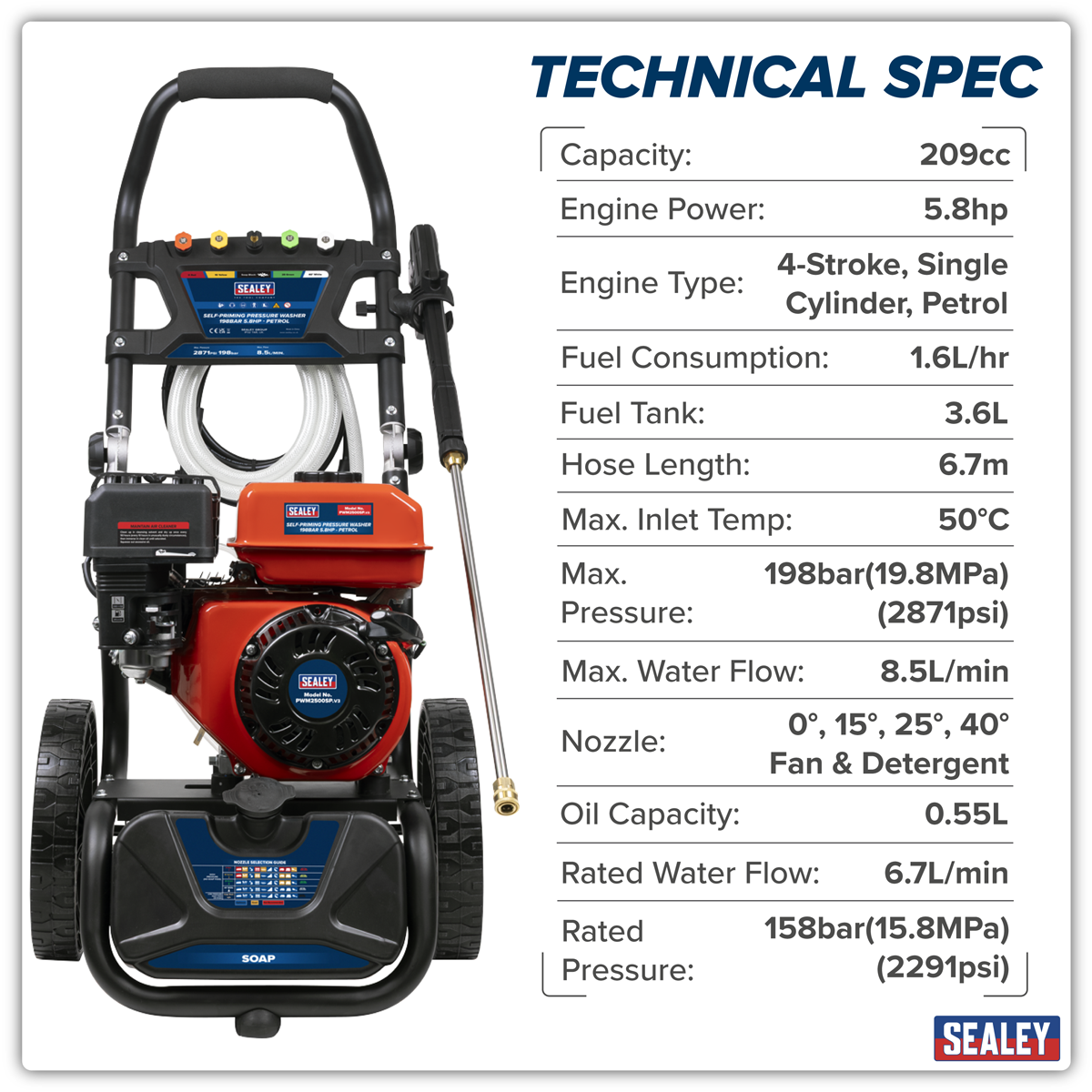 Sealey PWM2500SP Pressure Washer 198bar 513L/hr Self-Priming 5.8hp Petrol