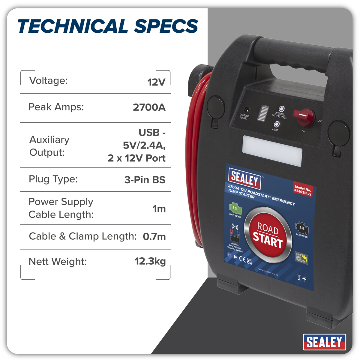 Sealey RS103B RoadStart® 12V Emergency Jump Starter 2700 Peak Amps