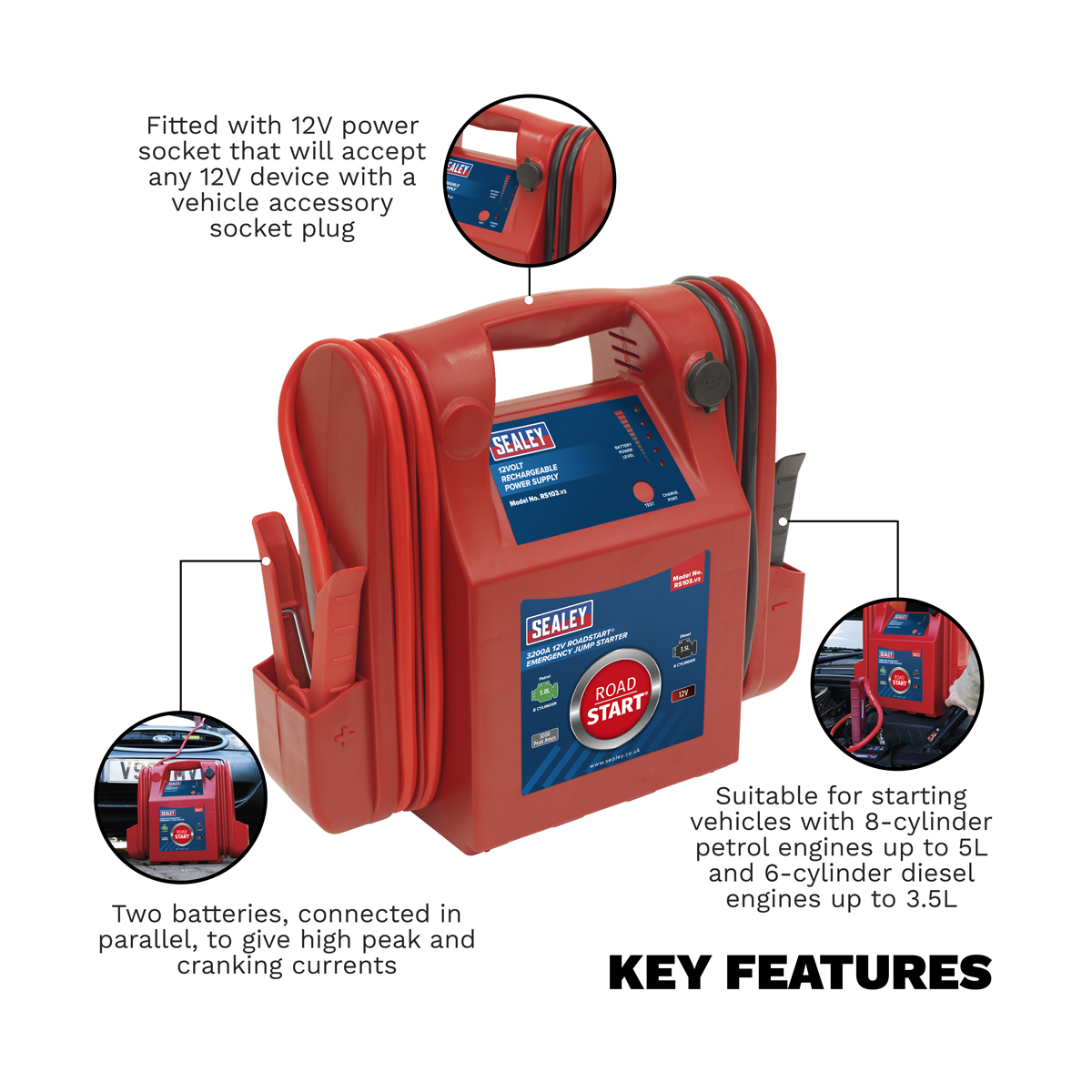 Sealey RS103 RoadStart® 12V Emergency Jump Starter 3200 Peak Amps