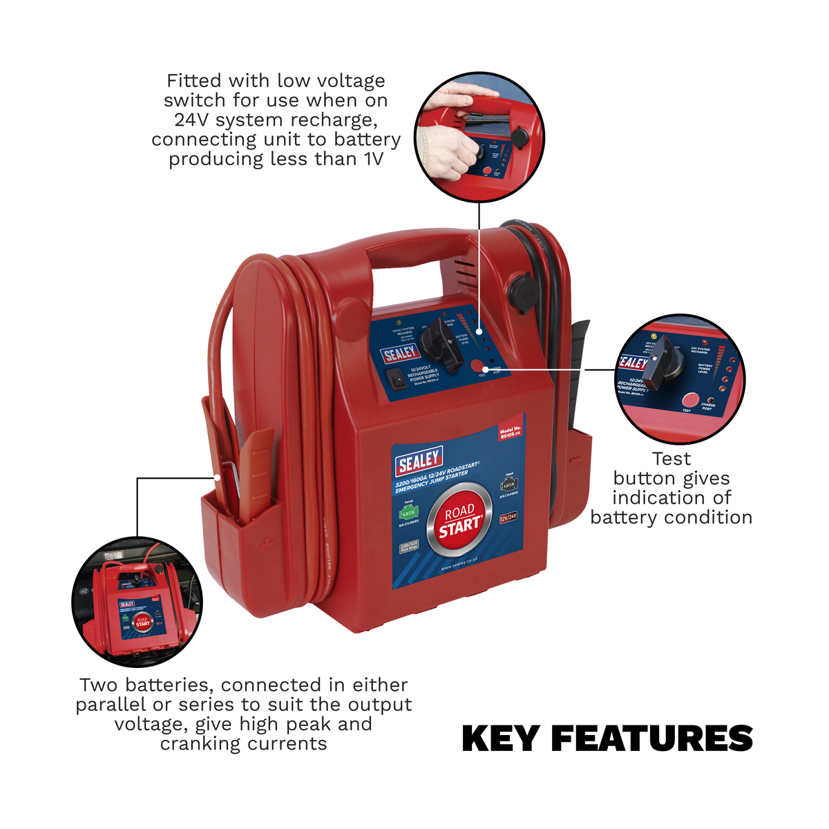 Sealey RS105 RoadStart® 12/24V Emergency Jump Starter 3200/1600 Peak Amps
