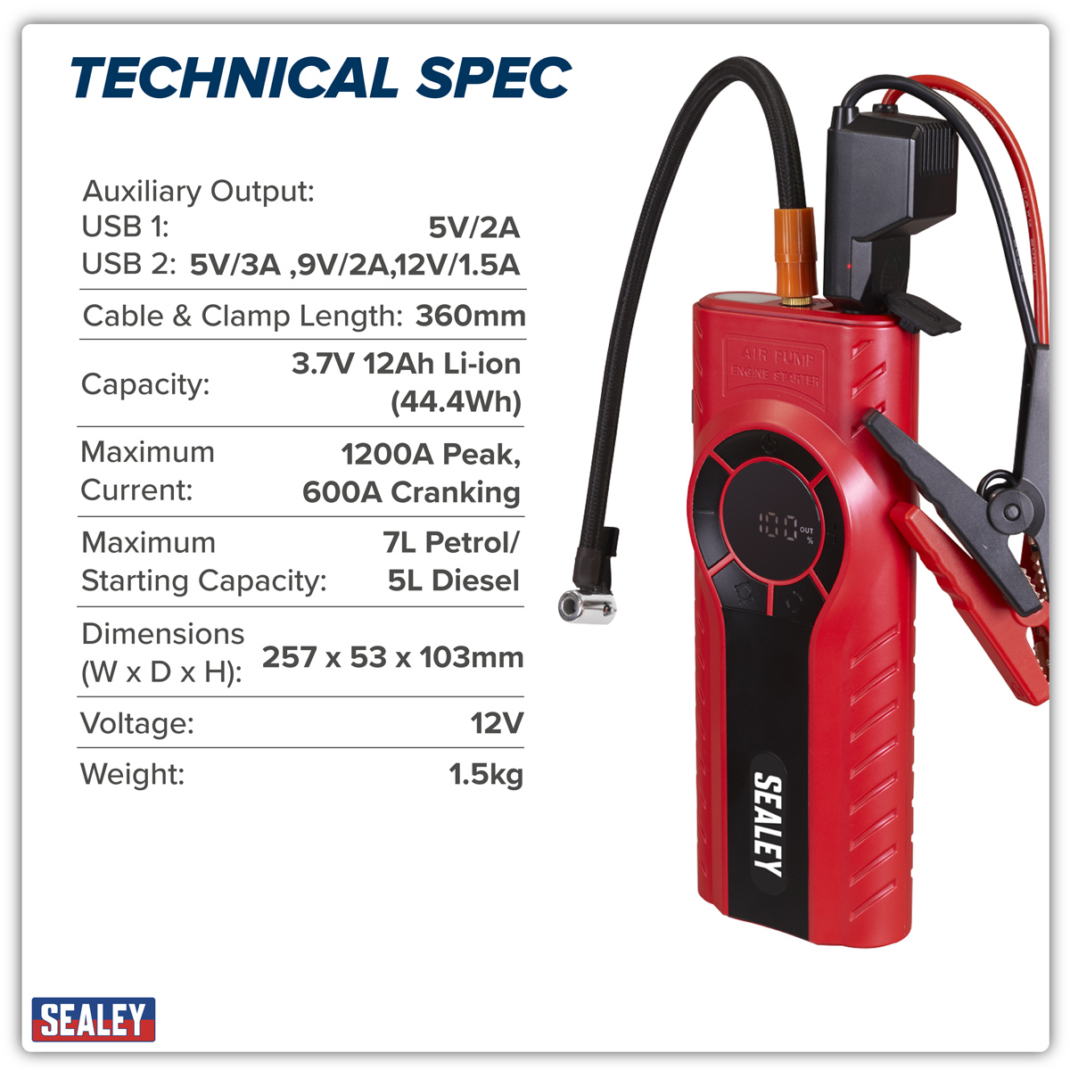 Sealey RS1200TI RoadStart® 12V Jump Starter & Tyre Inflator 1200A