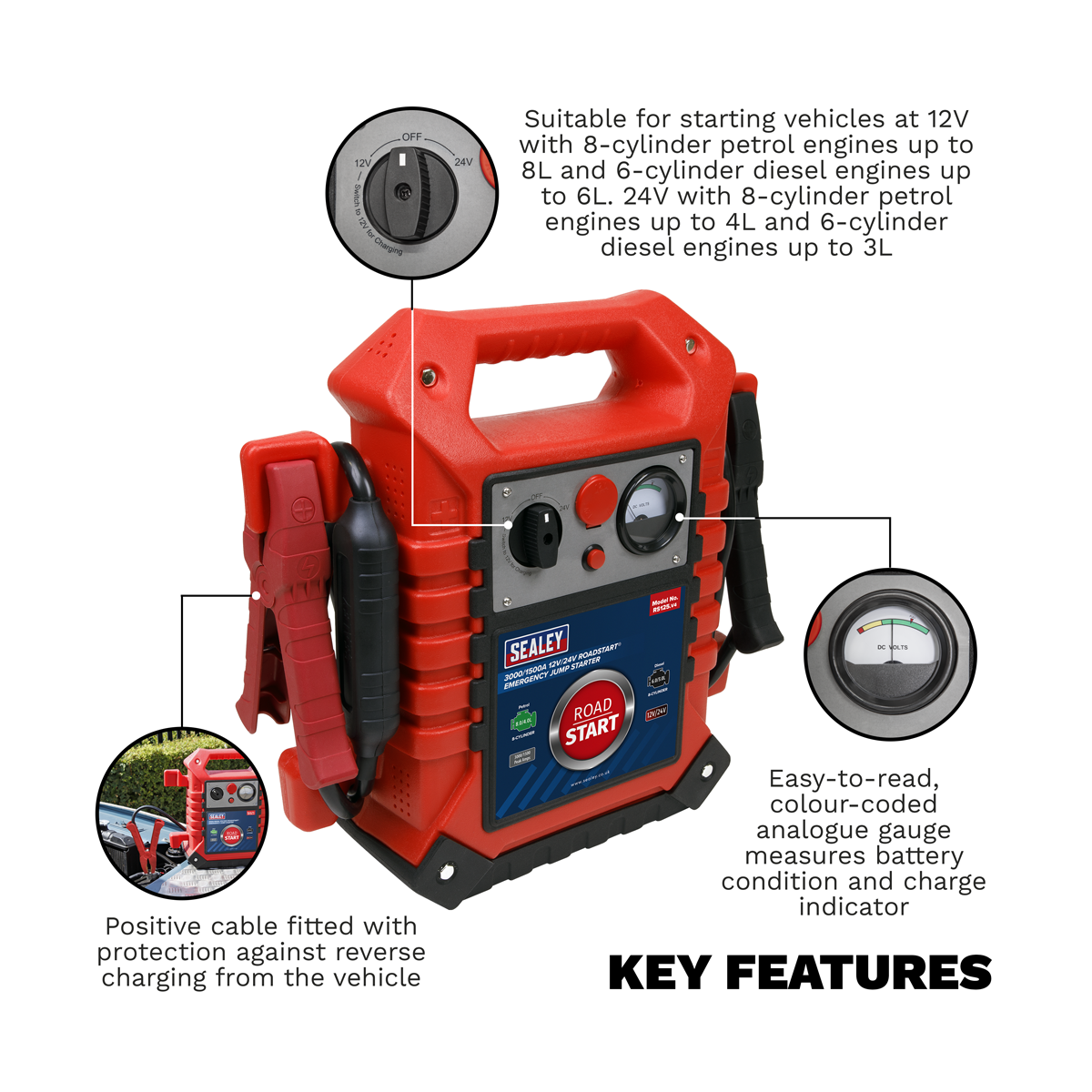 Sealey RS125 RoadStart® 12/24V Emergency Jump Starter 3000/1500 Peak Amps