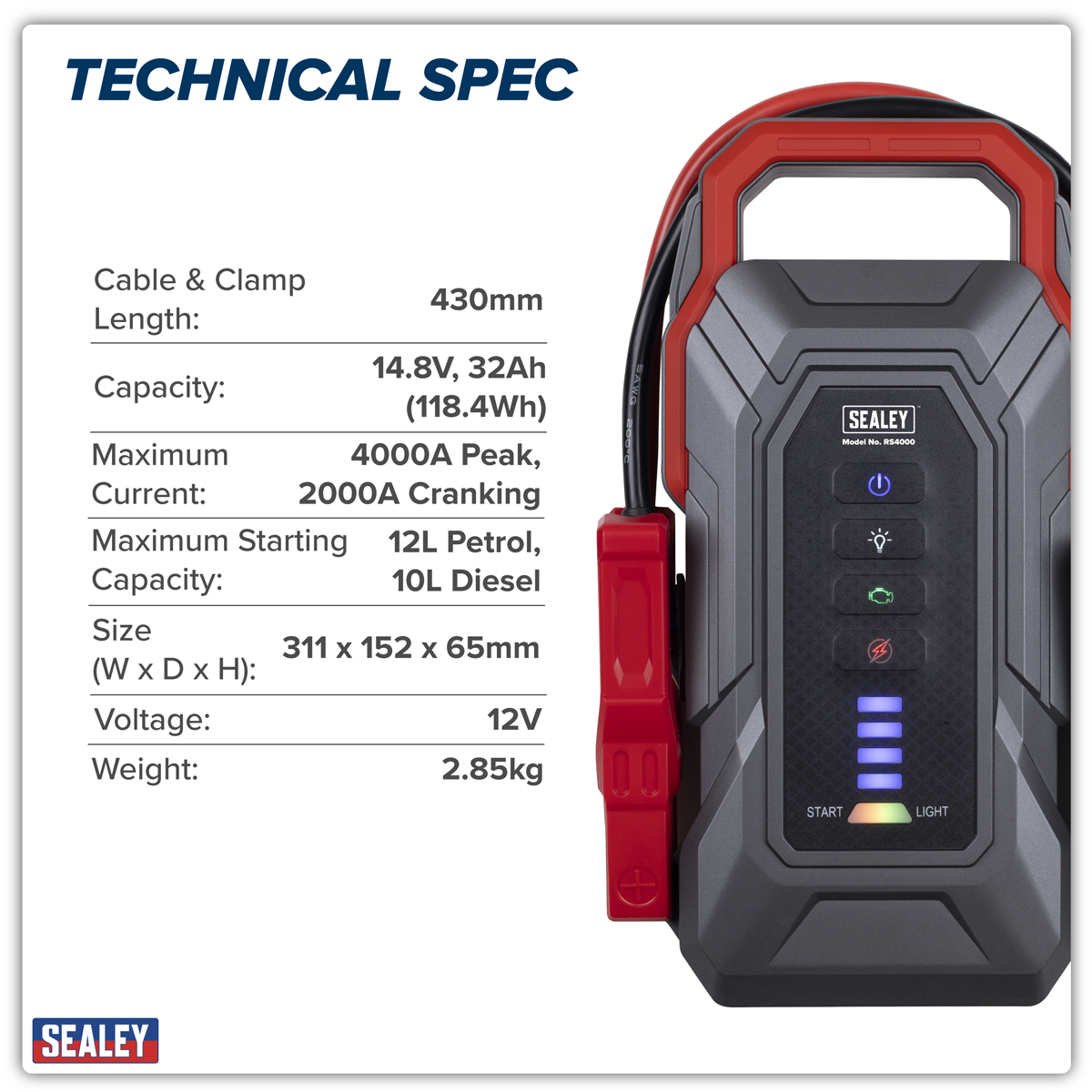 Sealey RS4000 RoadStart® 12V Jump Starter Power Pack 4000A