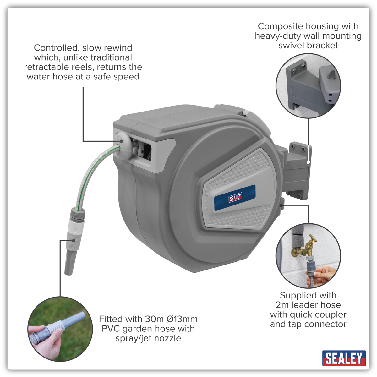 Sealey RWH30 Auto-Rewind Control Garden Hose Reel 30m