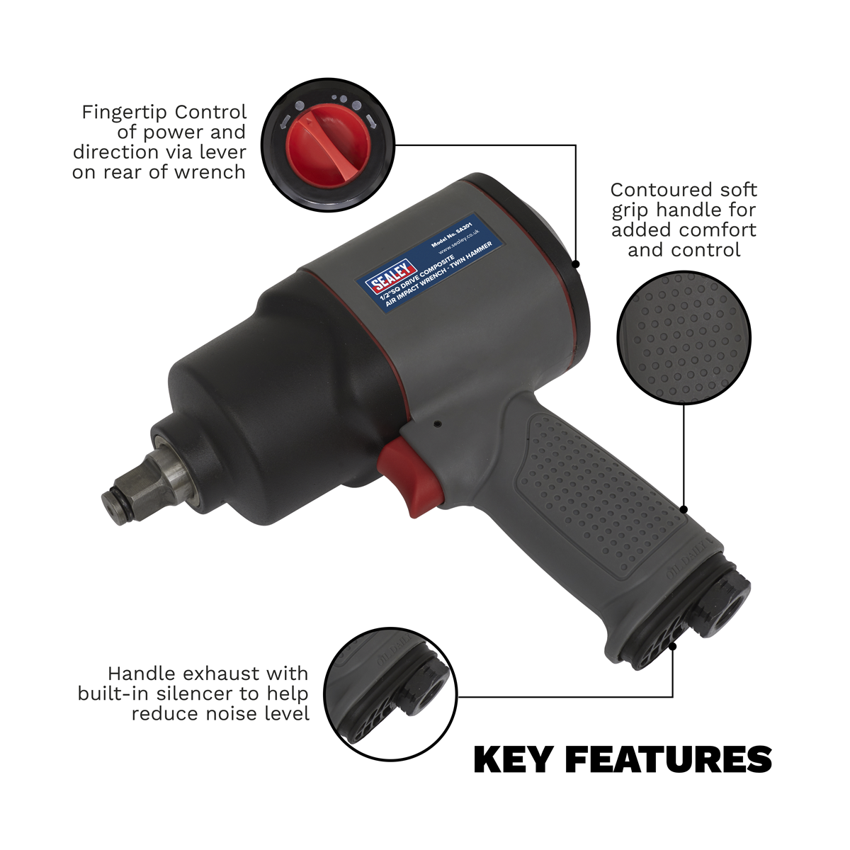 Sealey SA201 Composite Twin Hammer Air Impact Wrench 1/2"Sq Drive