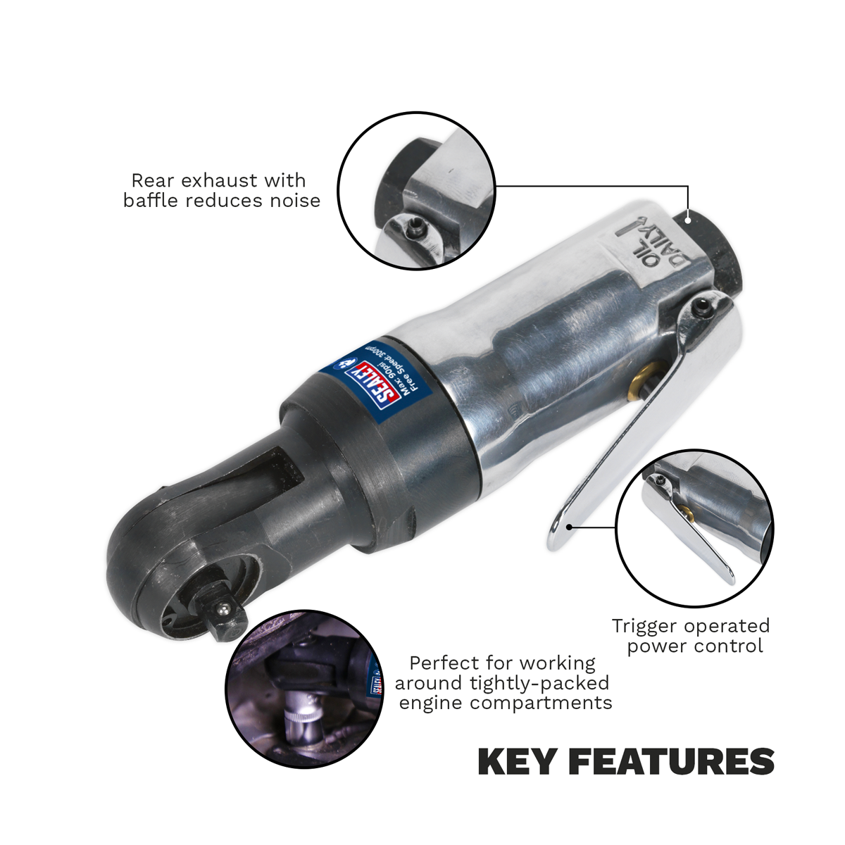 Sealey SA230 Super Stubby Air Ratchet Wrench 1/4"Sq Drive