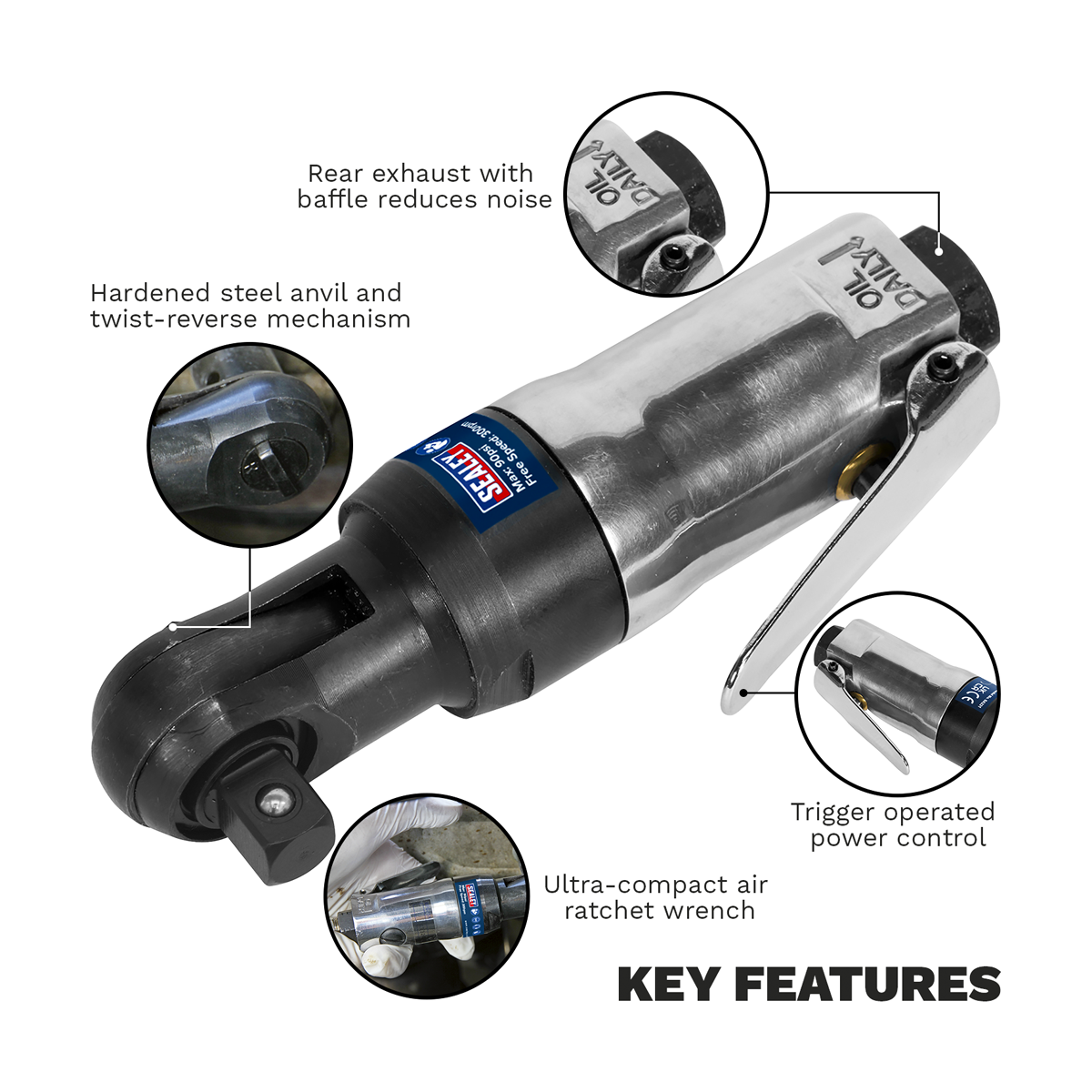 Sealey SA231 Super Stubby Air Ratchet Wrench 3/8"Sq Drive