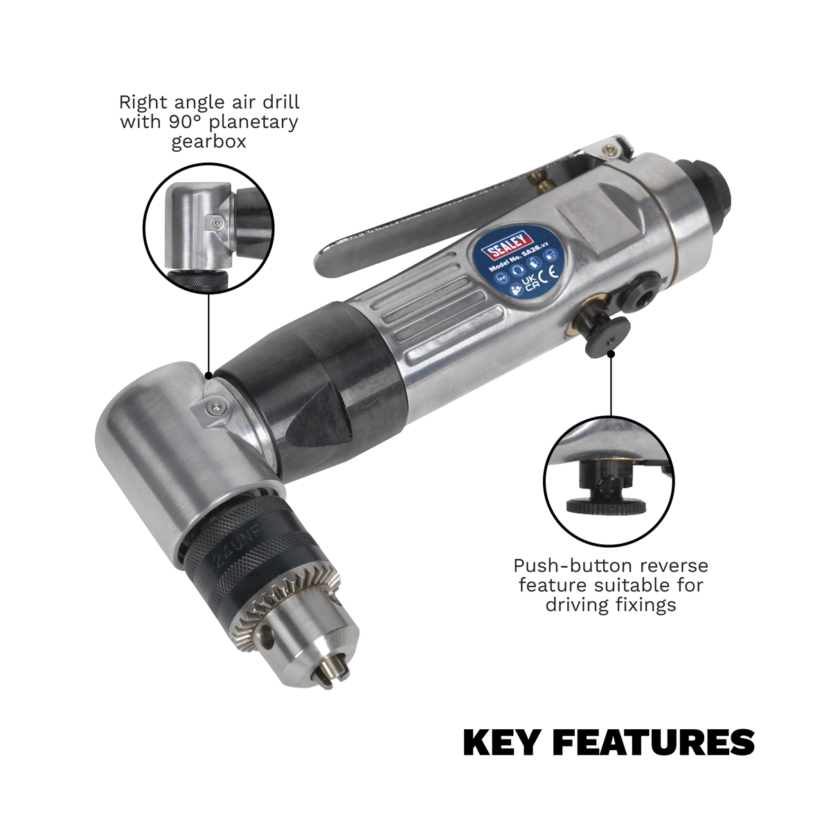 Sealey SA26 Reversible Air Angle Drill 10mm