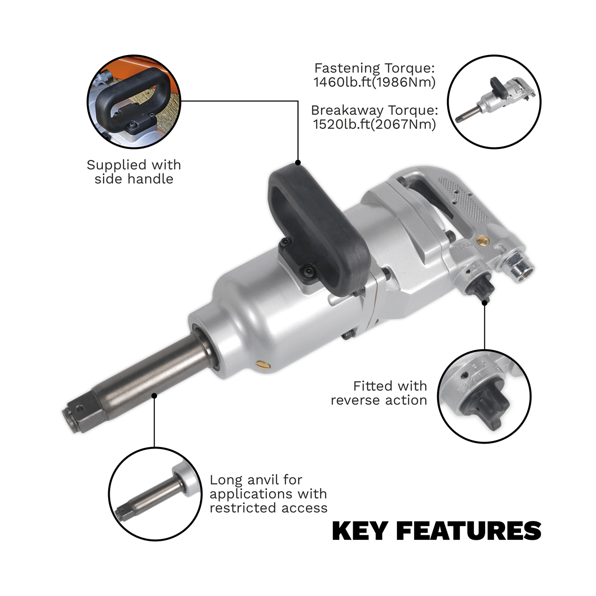 Sealey SA29/S Long Anvil Straight Air Impact Wrench 1"Sq Drive