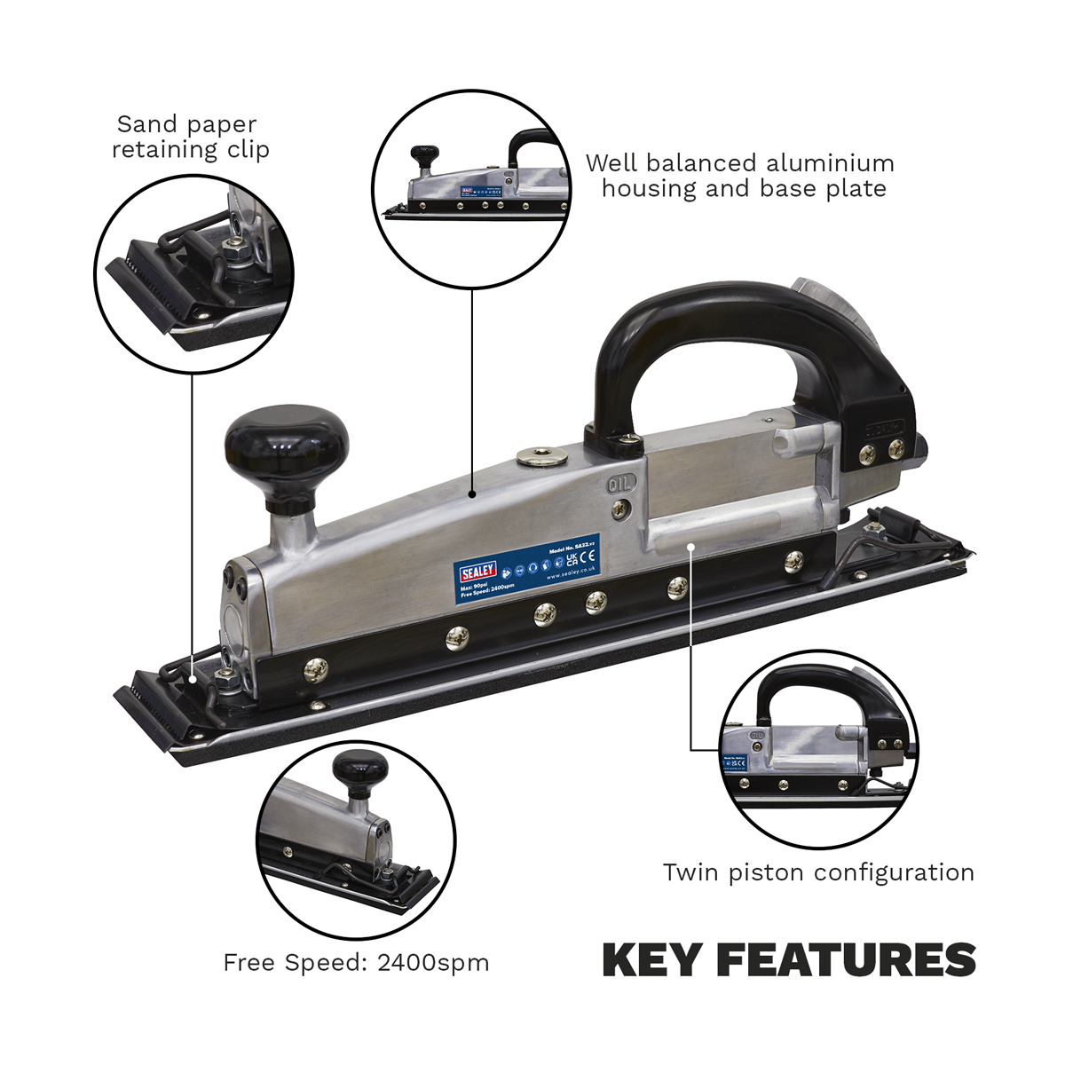 Sealey SA32 Twin Piston In-line Air Sander 400 x 70mm