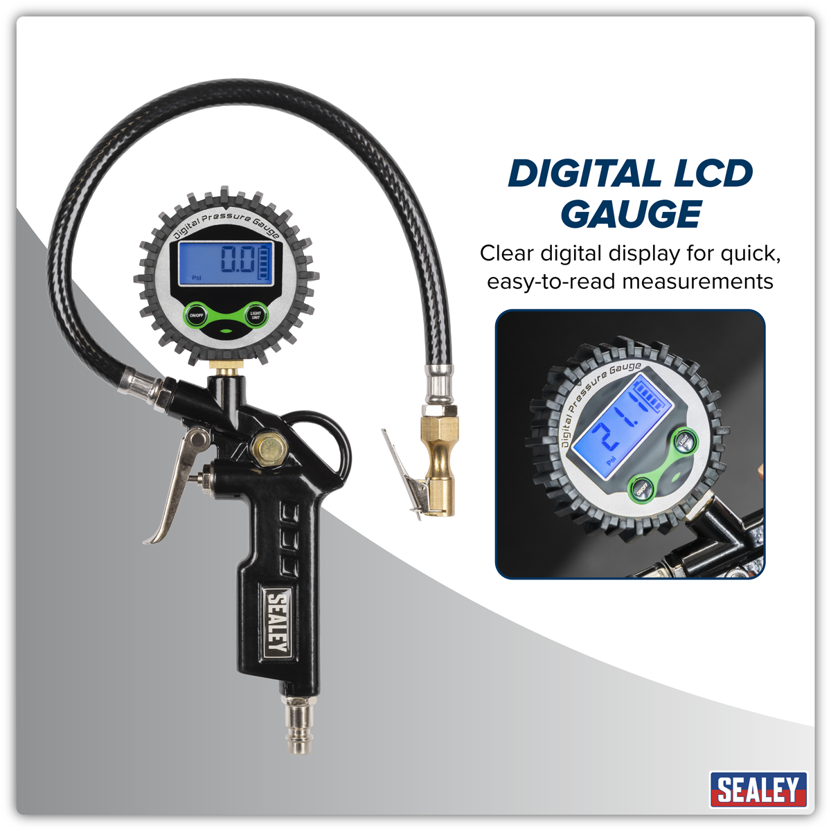 Sealey SA332D Digital Pistol Grip Tyre Inflator with Clip-On Connector