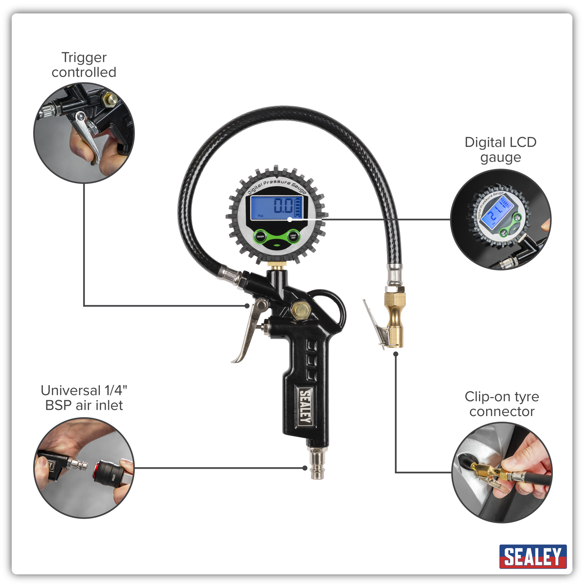 Sealey SA332D Digital Pistol Grip Tyre Inflator with Clip-On Connector