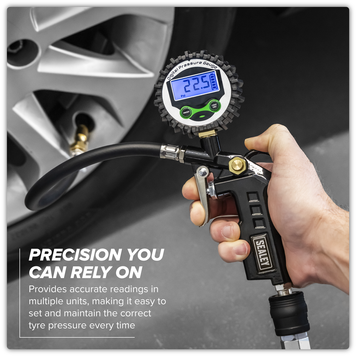 Sealey SA332D Digital Pistol Grip Tyre Inflator with Clip-On Connector