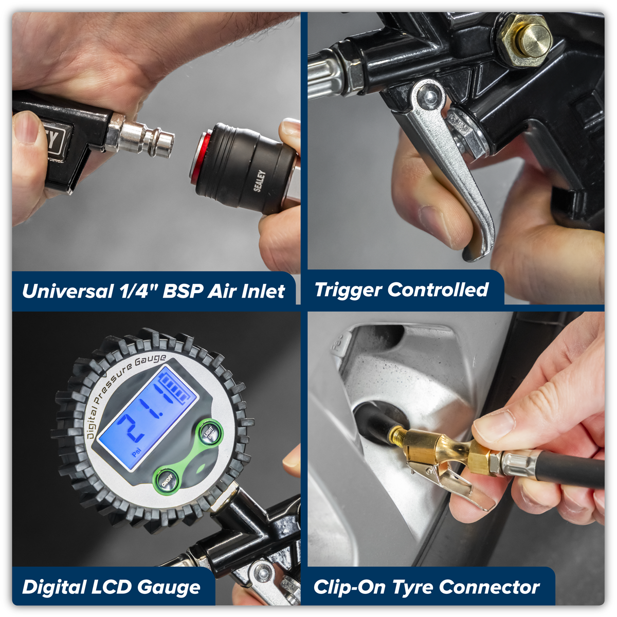 Sealey SA332D Digital Pistol Grip Tyre Inflator with Clip-On Connector