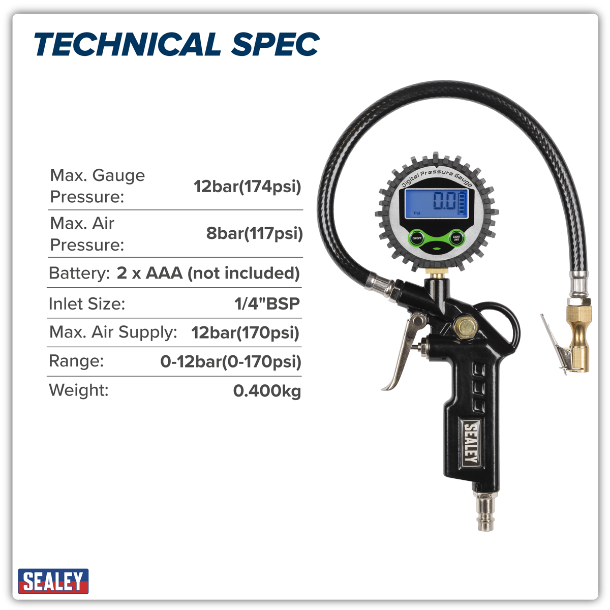 Sealey SA332D Digital Pistol Grip Tyre Inflator with Clip-On Connector