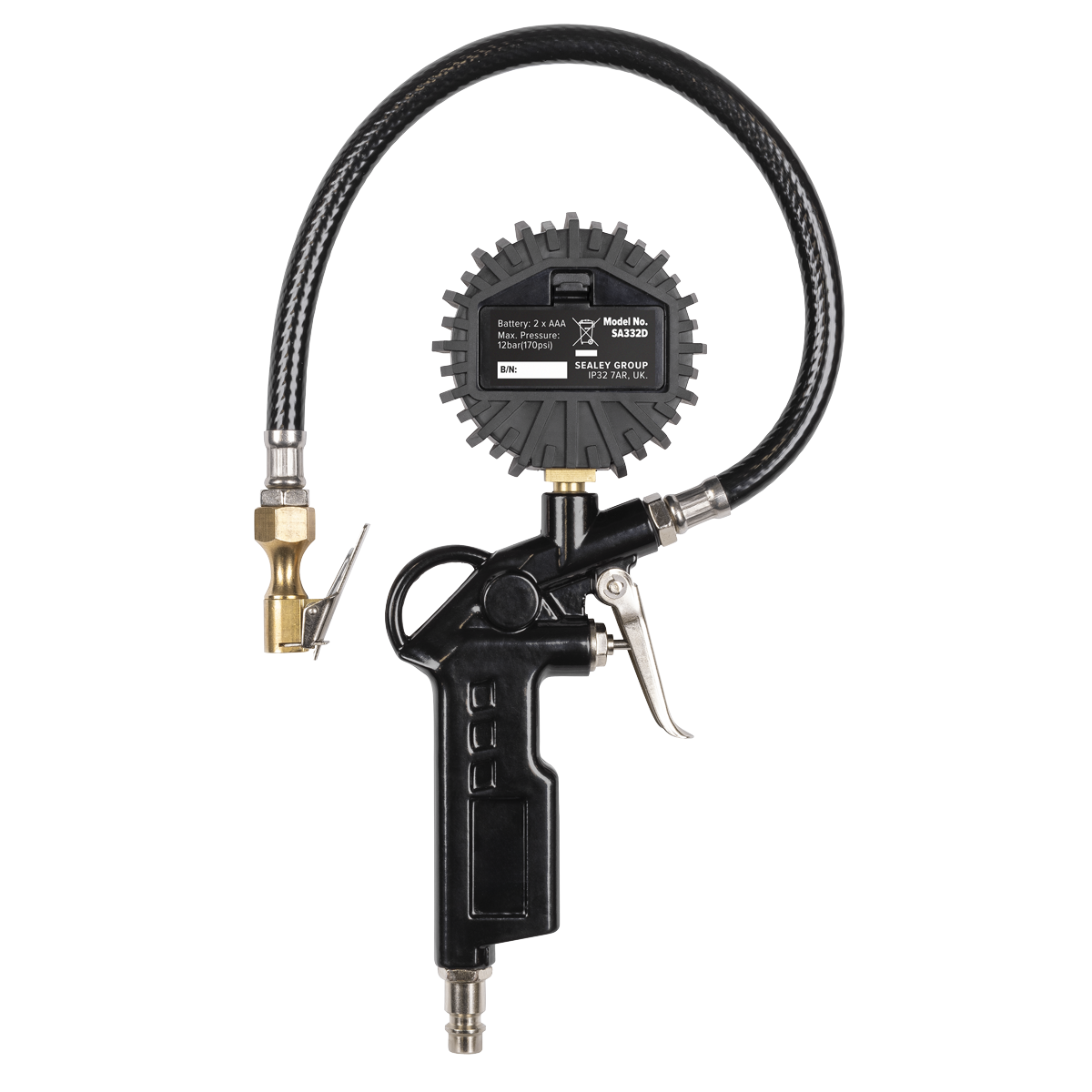 Sealey SA332D Digital Pistol Grip Tyre Inflator with Clip-On Connector