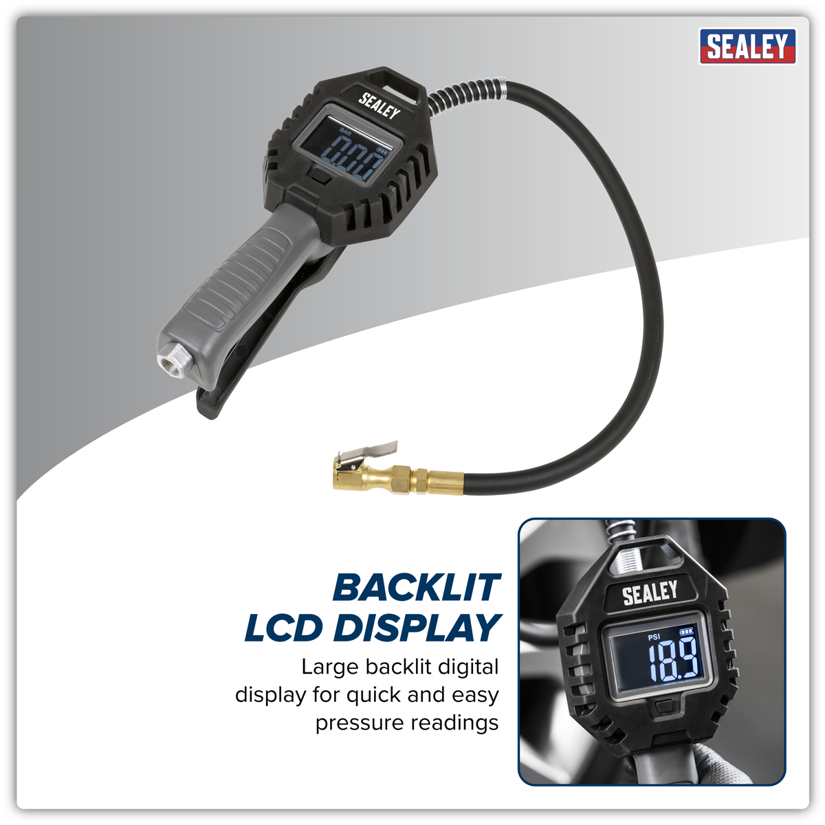 Sealey SA500 Rechargeable Digital Tyre Inflator with Clip-On Connector