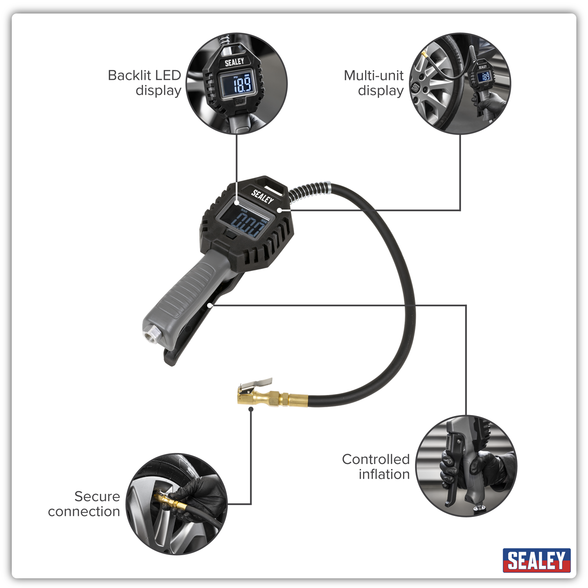 Sealey SA500 Rechargeable Digital Tyre Inflator with Clip-On Connector